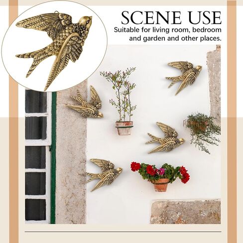 4 Pcs Vintage Bird Wall Decor Art Antique 3D Sculpted Hanging Bird Resin Wall Art 4.7 Inch Golden Brass Rustic Floating Ornament for Halloween Living Room Garden Indoor Outdoor, Gift for Christmas in Saudi Arabia