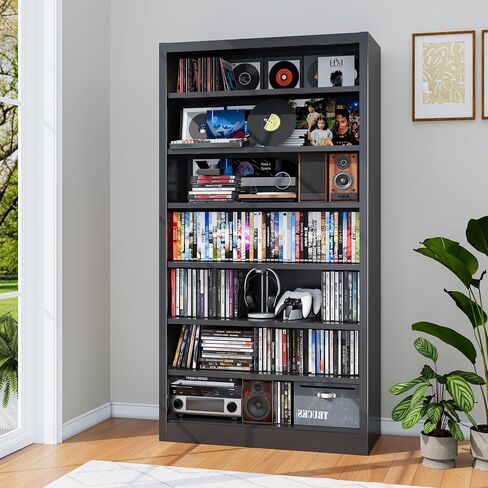 Metal DVD Storage Cabinets, 7-Tier CD Storage Rack with Adjustable Shelves, DVD Organizer Shelf, Media Shelves for CD Holder, Books, Games, Black Book Shelf for Living Room & Home Office (Black) in Saudi Arabia
