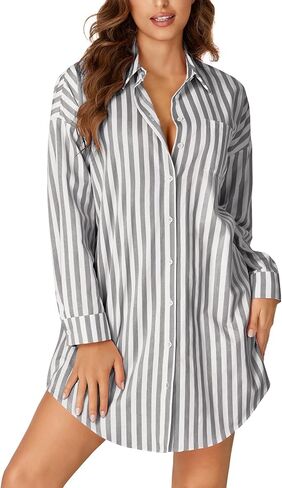 LYANER Women's Striped Nightgown Collar V Neck Long Sleeve Sleep Shirts Button Down Nightshirt Nightdress in Saudi Arabia