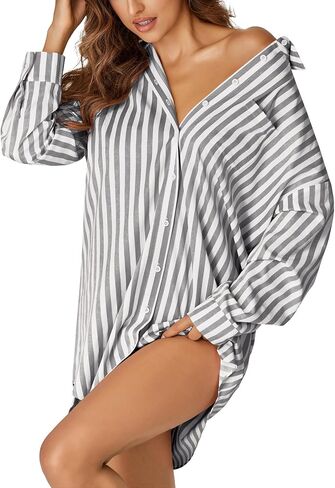LYANER Women's Striped Nightgown Collar V Neck Long Sleeve Sleep Shirts Button Down Nightshirt Nightdress in Saudi Arabia