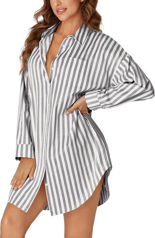 LYANER Women's Striped Nightgown Collar V Neck Long Sleeve Sleep Shirts Button Down Nightshirt Nightdress in Saudi Arabia