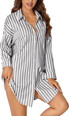 LYANER Women's Striped Nightgown Collar V Neck Long Sleeve Sleep Shirts Button Down Nightshirt Nightdress in Saudi Arabia