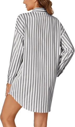 LYANER Women's Striped Nightgown Collar V Neck Long Sleeve Sleep Shirts Button Down Nightshirt Nightdress in Saudi Arabia