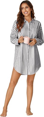 LYANER Women's Striped Nightgown Collar V Neck Long Sleeve Sleep Shirts Button Down Nightshirt Nightdress in Saudi Arabia
