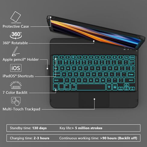 Touch Keyboard Case for iPad A16 11th Generation/10th Generation 10.9 inch | 360° Rotatable for iPad 11th / 10th Generation Case with Keyboard- 7 Color Backlight Keyboard Case with Pencil Holder in Saudi Arabia