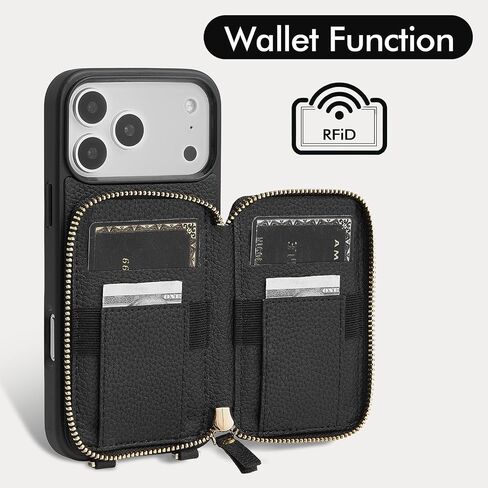 ZVE for iPhone 17 Pro Wallet Case with Card Holder, Zipper Crossbody Case with Wrist Strap for Women 6.3" Black in Saudi Arabia