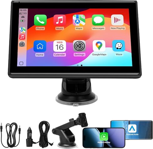 7" Portable Wireless CarPlay Screen for Car – Apple CarPlay & Android Auto, HD Touch Screen Car Stereo, Bluetooth, GPS Navigation, Voice Control, Plug-and-Play with FM/AUX/Mirror Link (Black) in Kuwait