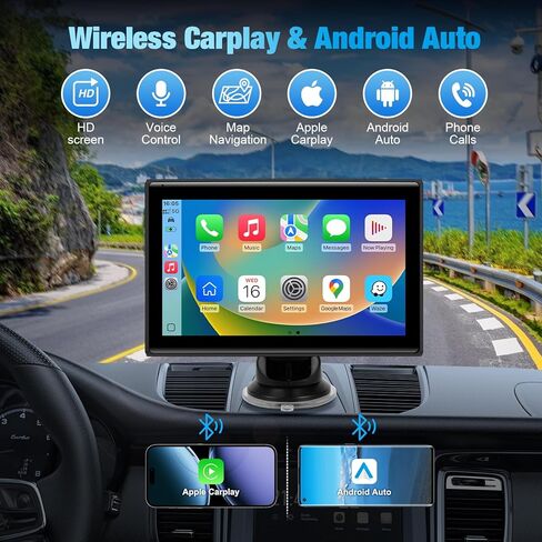 7" Portable Wireless CarPlay Screen for Car – Apple CarPlay & Android Auto, HD Touch Screen Car Stereo, Bluetooth, GPS Navigation, Voice Control, Plug-and-Play with FM/AUX/Mirror Link (Black) in Kuwait
