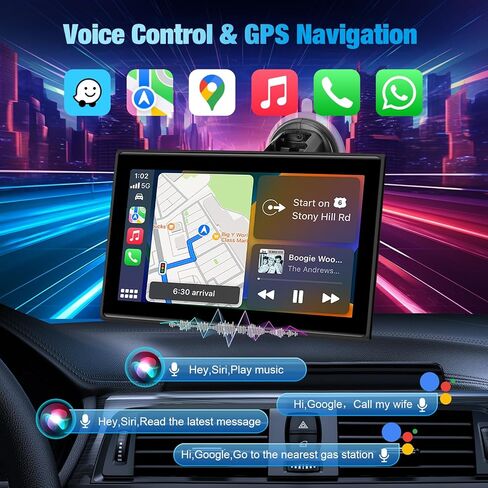 7" Portable Wireless CarPlay Screen for Car – Apple CarPlay & Android Auto, HD Touch Screen Car Stereo, Bluetooth, GPS Navigation, Voice Control, Plug-and-Play with FM/AUX/Mirror Link (Black) in Kuwait