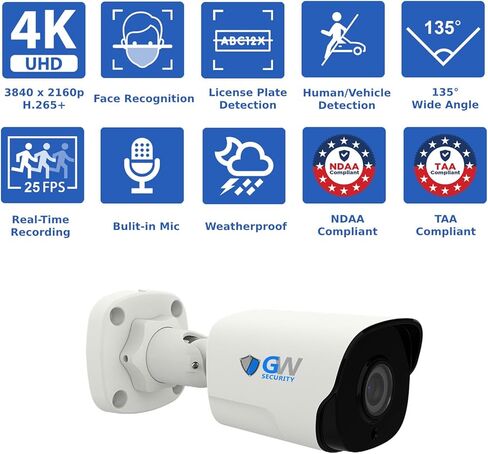 GW Security 16 قناة NVR UltraHD 4K للتعرف على الوجه، نظام كاميرا أمان متوافق مع NDAA وTAA مع 16 × 8 ميجابكسل @ 25FPS كاميرات رصاصة PoE خارجية وداخلية، 10 وظائف ذكية للذكاء الاصطناعي in Kuwait