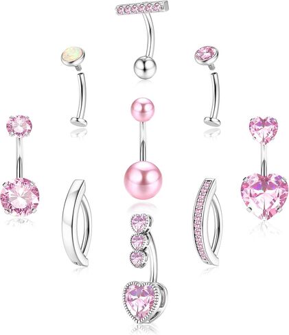 ORAZIO 9PCS Hypoallergenic Belly Button Ring Surgical Steel CZ Opal Clicker Floating Navel Piercing Jewelry Flat Back Internally Threaded Small Bar Piercings for Women 14G Gold/Silver in Saudi Arabia
