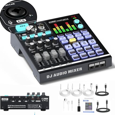 48V Podcast Sound Board - XLR Audio Interface for Live Streaming Studio Recording Gaming, Bluetooth DJ Mixer for iPhone Laptop PC, External Music Sound Card, Content Creator Gift (SN800) in Kuwait