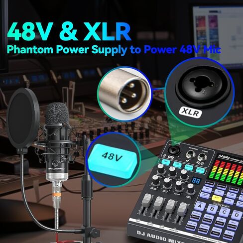 48V Podcast Sound Board - XLR Audio Interface for Live Streaming Studio Recording Gaming, Bluetooth DJ Mixer for iPhone Laptop PC, External Music Sound Card, Content Creator Gift (SN800) in Kuwait