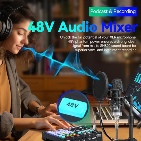 48V Podcast Sound Board - XLR Audio Interface for Live Streaming Studio Recording Gaming, Bluetooth DJ Mixer for iPhone Laptop PC, External Music Sound Card, Content Creator Gift (SN800) in Kuwait