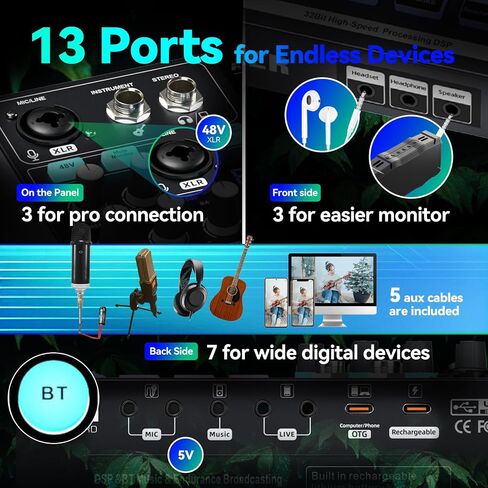 48V Podcast Sound Board - XLR Audio Interface for Live Streaming Studio Recording Gaming, Bluetooth DJ Mixer for iPhone Laptop PC, External Music Sound Card, Content Creator Gift (SN800) in Kuwait