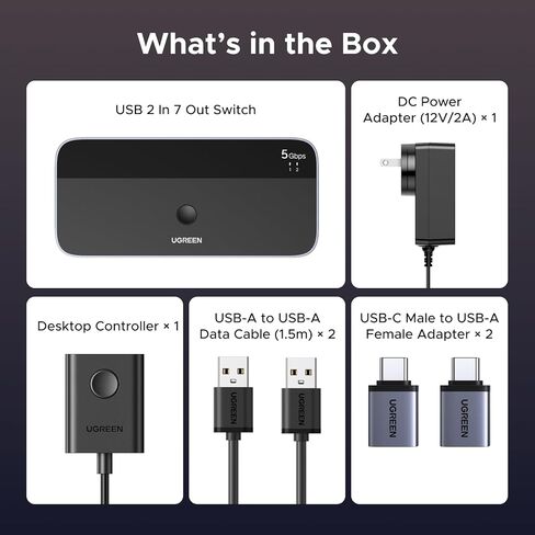 محول USB 3.0 2 في 7 مخارج من UGREEN، محول USB لجهازي كمبيوتر يتشاركان أجهزة USB A وC (4USB-A + 3USB-C)، مفاتيح USB لمشاركة لوحة المفاتيح والماوس مع وحدة التحكم، محول ذكر USB-C، محول طاقة in Kuwait