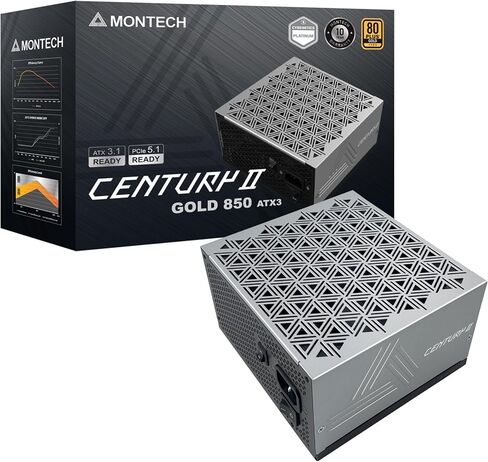 MONTECH Century II - مزود طاقة ألعاب ATX عالي الجودة بقدرة 850 وات - 80 Plus Gold & Cybenetics Platinum - وحدات كاملة - ATX 3.1 وPCIe 5.1 جاهز مع كابل 12V-2x6 - ضمان 10 سنوات in Kuwait