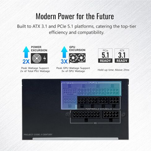 MONTECH Century II - مزود طاقة ألعاب ATX عالي الجودة بقدرة 850 وات - 80 Plus Gold & Cybenetics Platinum - وحدات كاملة - ATX 3.1 وPCIe 5.1 جاهز مع كابل 12V-2x6 - ضمان 10 سنوات in Kuwait