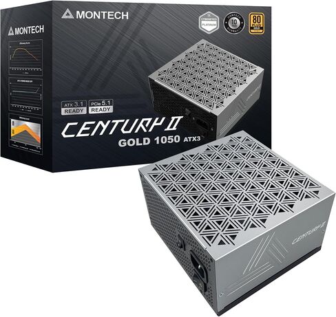 MONTECH Century II - مزود طاقة ألعاب ATX عالي الجودة بقدرة 850 وات - 80 Plus Gold & Cybenetics Platinum - وحدات كاملة - ATX 3.1 وPCIe 5.1 جاهز مع كابل 12V-2x6 - ضمان 10 سنوات in Kuwait