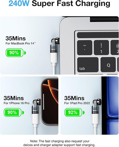 محول USB C [عبوة من قطعتين]، محول PD 240W USB C 90 درجة، محول الزاوية اليمنى USB من النوع C/محولات 360 و180 درجة C إلى C للهاتف 17/16/15، سلسلة MacBook Pro/Pad، Samsung Galaxy، الكمبيوتر اللوحي، الكمبيوتر المحمول in Kuwait