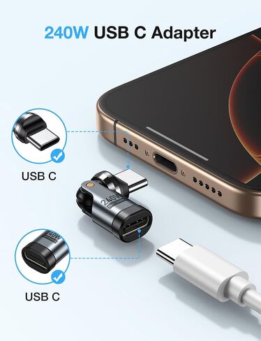 محول USB C [عبوة من قطعتين]، محول PD 240W USB C 90 درجة، محول الزاوية اليمنى USB من النوع C/محولات 360 و180 درجة C إلى C للهاتف 17/16/15، سلسلة MacBook Pro/Pad، Samsung Galaxy، الكمبيوتر اللوحي، الكمبيوتر المحمول in Kuwait