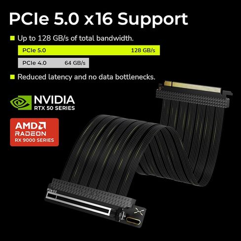 كابل TRYX String PCIE 5.0 x 16 White Riser 200 مم 128 جيجابايت/ثانية بطاقة رسومية عمودية/وحدة معالجة الرسومات PCIE 4.0 مرنة تدعم فقدان الإشارة بالقرب من الصفر مع درع EMI لـ RTX 4090/5070/5080/5090RX 9070XT/7900XT in Kuwait