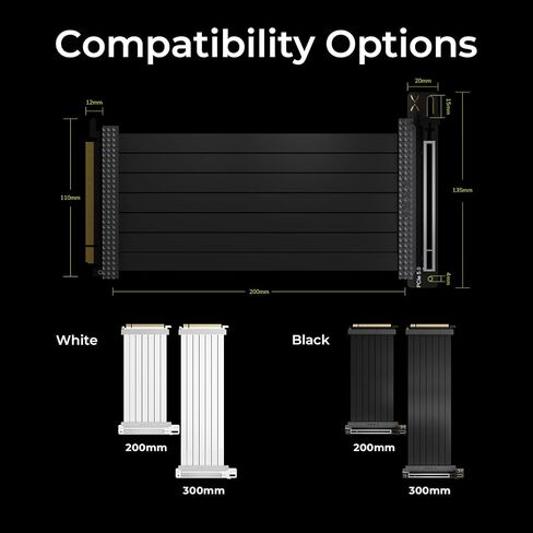كابل TRYX String PCIE 5.0 x 16 White Riser 200 مم 128 جيجابايت/ثانية بطاقة رسومية عمودية/وحدة معالجة الرسومات PCIE 4.0 مرنة تدعم فقدان الإشارة بالقرب من الصفر مع درع EMI لـ RTX 4090/5070/5080/5090RX 9070XT/7900XT in Kuwait