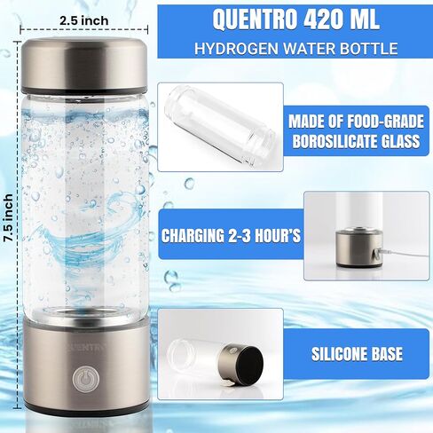 QUENTRO Hydrogen Water Generator Bottles – 3Min Rapid Hydrogenation 1680 PPB, SPE PEM Technology, Portable 420ml Rechargeable Ionizer Machine, Health Care Gift for Home, Office, Sports (Silver) in Saudi Arabia
