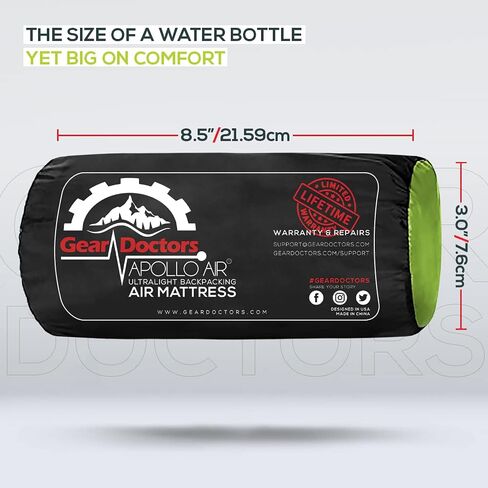 Gear Doctors ApolloAir 5.2 R-Value [17oz] وسادة نوم للتخييم معزولة وقابلة للنفخ خفيفة الوزن - وسادة نوم لحقيبة الظهر - مرتبة تخييم مدمجة خفيفة الوزن للمشي لمسافات طويلة - مرتبة هوائية لحقائب الظهر in Kuwait