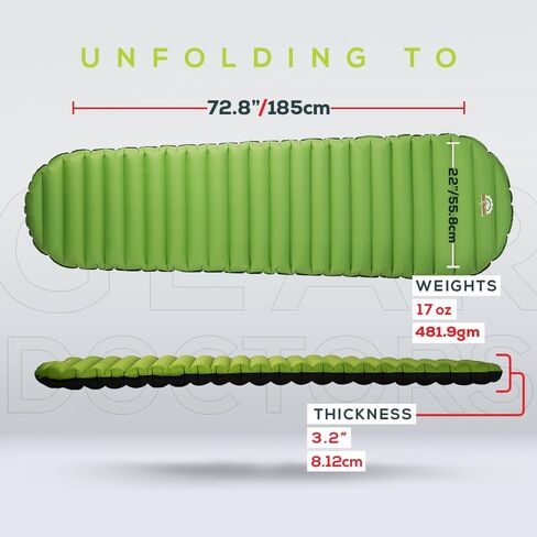 Gear Doctors ApolloAir 5.2 R-Value [17oz] وسادة نوم للتخييم معزولة وقابلة للنفخ خفيفة الوزن - وسادة نوم لحقيبة الظهر - مرتبة تخييم مدمجة خفيفة الوزن للمشي لمسافات طويلة - مرتبة هوائية لحقائب الظهر in Kuwait