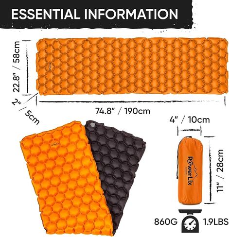 POWERLIX Ultralight Inflatable Camping Sleeping Pad - Camping Mattress for Backpacking, Hiking, Compact Lightweight Sleeping Mat for Camping, Inflation Bag/Repair Kit Included in Saudi Arabia