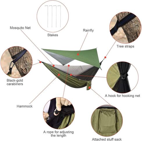 أرجوحة للتخييم مع قماش القنب المطري وأشرطة شجرة خيمة شبكية من البعوض، مجموعة أرجوحة مظلات نايلون مزدوجة محمولة لحقيبة الظهر والمشي لمسافات طويلة والسفر والأنشطة الخارجية باللون الأخضر in Kuwait