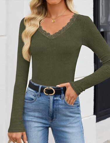 ZESICA Women's Long Sleeve Lace V Neck Shirts 2025 Fall Fashion Slim Fit Tops Ribbed Knit Dressy Business Casual Blouses in Saudi Arabia