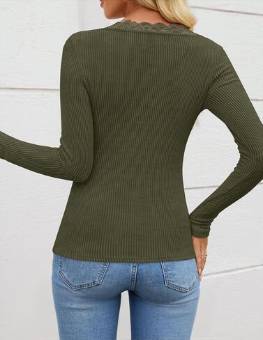 ZESICA Women's Long Sleeve Lace V Neck Shirts 2025 Fall Fashion Slim Fit Tops Ribbed Knit Dressy Business Casual Blouses in Saudi Arabia