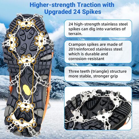 Crampons for Shoes, 24 Spikes Ice Cleats for Shoes and Boots, Anti Slip Traction Ice Spikes Crampons Snow Grip with 201 Stainless Steel for Men Women Hiking, Walking, Climbing, Jogging, Fishing in Kuwait
