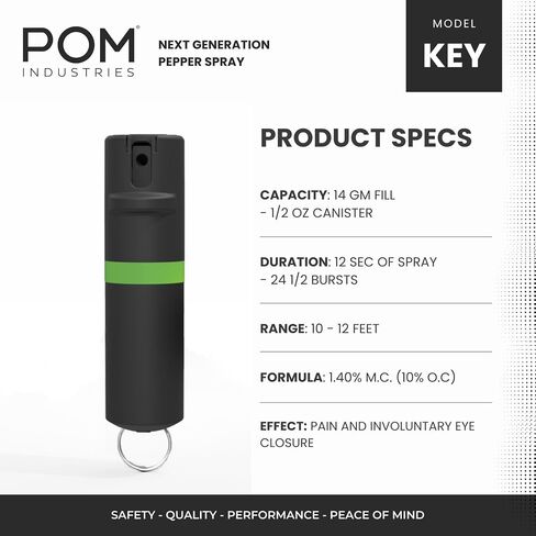 سلسلة مفاتيح POM Premium Pepper Spray، أمان سريع الوصول إلى الوجه العلوي، تركيبة OC من فئة الشرطة مع صبغة علامة للأشعة فوق البنفسجية، 25 طلقة دقيقة، نطاق فعال 10 أقدام، صنع في الولايات المتحدة الأمريكية in Kuwait