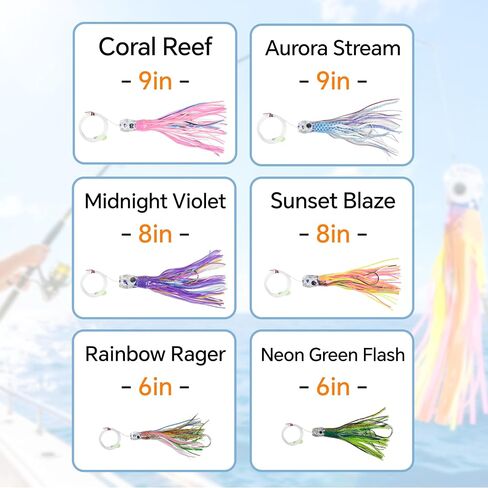 Saltwater Trolling Lure 6/8/9 inch 10 pcs Squid Skirted Deep Sea Fishing Lure kit of a trolling Bag Tuna Marlin Wahoo Shark Mahi Trolling Fishing Lures in Saudi Arabia