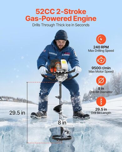 VEVOR 52CC Gas Powered Ice Auger for Ice Fishing, 2-Stroke 8" Diameter Ice Fishing Augers with Drill Adapter, Blade Guard and EPA Certificate in Saudi Arabia