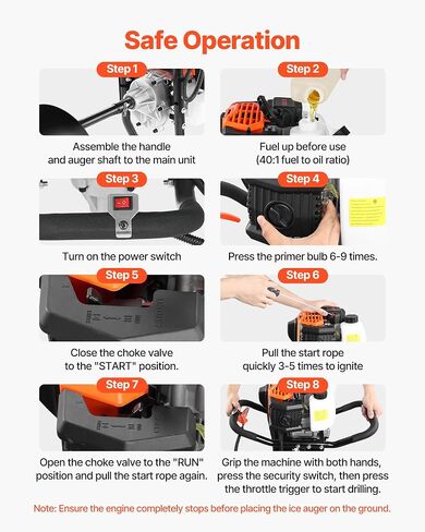 VEVOR 52CC Gas Powered Ice Auger for Ice Fishing, 2-Stroke 8" Diameter Ice Fishing Augers with Drill Adapter, Blade Guard and EPA Certificate in Saudi Arabia