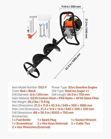VEVOR 52CC Gas Powered Ice Auger for Ice Fishing, 2-Stroke 8" Diameter Ice Fishing Augers with Drill Adapter, Blade Guard and EPA Certificate in Saudi Arabia