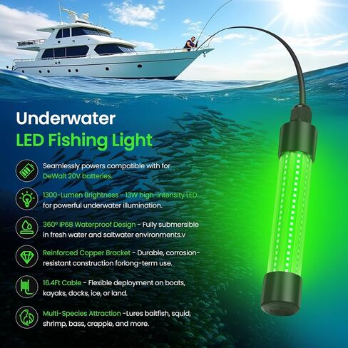 مصباح صيد أخضر تحت الماء LED متوافق مع بطارية ديوالت 20 فولت، 13 وات 1300 لومن IP68 تصنيف جاذب لضوء الصيد الغاطس للصيد الليلي والأرصفة والقوارب وزوارق الكاياك (بدون بطارية) in Kuwait