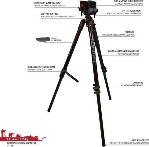 BOG DeathGrip Aluminum Tripod with Durable Frame, Lightweight, Stable Design, Bubble Level, Adjustable Legs, Shooting Rest, and Hands-Free Operation for Hunting, Shooting, and Outdoors in Saudi Arabia