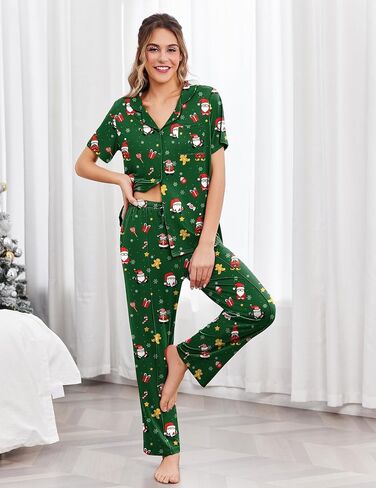 Ekouaer Pajamas for Women Set Button Up Sleepswear 2 Piece Short Sleeve PJ Top and Long Pants Loungwear With Pocket S-XXL in Saudi Arabia