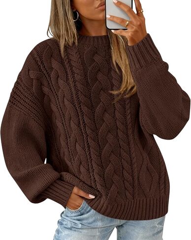 BTFBM Fall Sweaters for Women 2025 Cable Knit Sweater Crew Neck Long Lantern Sleeve Loose Chunky Pullover Casual Tops in Saudi Arabia