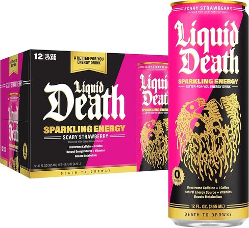 Liquid Death Sparkling Energy - Scary Strawberry (Strawberry and Lemon Flavor), Sugar-Free Energy Drink, Unextreme Caffeine 100mg, Essential Vitamins, 12 Fl Oz (Pack of 12) in Saudi Arabia