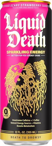 Liquid Death Sparkling Energy - Scary Strawberry (Strawberry and Lemon Flavor), Sugar-Free Energy Drink, Unextreme Caffeine 100mg, Essential Vitamins, 12 Fl Oz (Pack of 12) in Saudi Arabia
