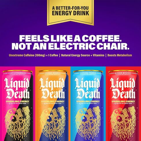 Liquid Death Sparkling Energy - Scary Strawberry (Strawberry and Lemon Flavor), Sugar-Free Energy Drink, Unextreme Caffeine 100mg, Essential Vitamins, 12 Fl Oz (Pack of 12) in Saudi Arabia