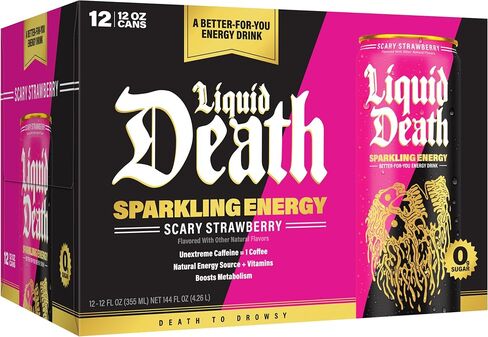 Liquid Death Sparkling Energy - Scary Strawberry (Strawberry and Lemon Flavor), Sugar-Free Energy Drink, Unextreme Caffeine 100mg, Essential Vitamins, 12 Fl Oz (Pack of 12) in Saudi Arabia