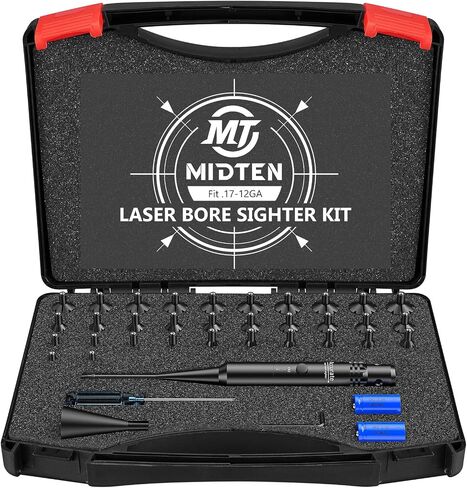 MidTen Bore Sight Laser، 32 محولًا، طقم رؤية ليزر أحمر / أخضر احترافي، يناسب عيار 0.17 إلى 12GA، طقم رؤية ليزر عالمي متعدد العيار، معدات صيد قوية in Kuwait