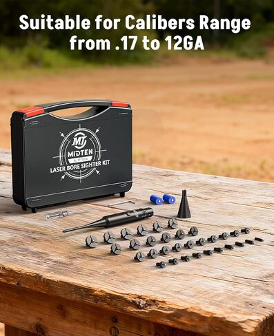 MidTen Bore Sight Laser، 32 محولًا، طقم رؤية ليزر أحمر / أخضر احترافي، يناسب عيار 0.17 إلى 12GA، طقم رؤية ليزر عالمي متعدد العيار، معدات صيد قوية in Kuwait